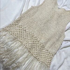 Cream Knit Sleeveless Top with Fringe